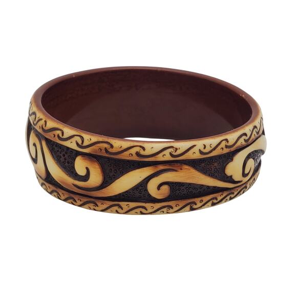 Tribal Swirl Bangle Bracelet Faux Wood Resin Cuff Boho Ethnic Brown Tan Acrylic - Picture 6 of 8